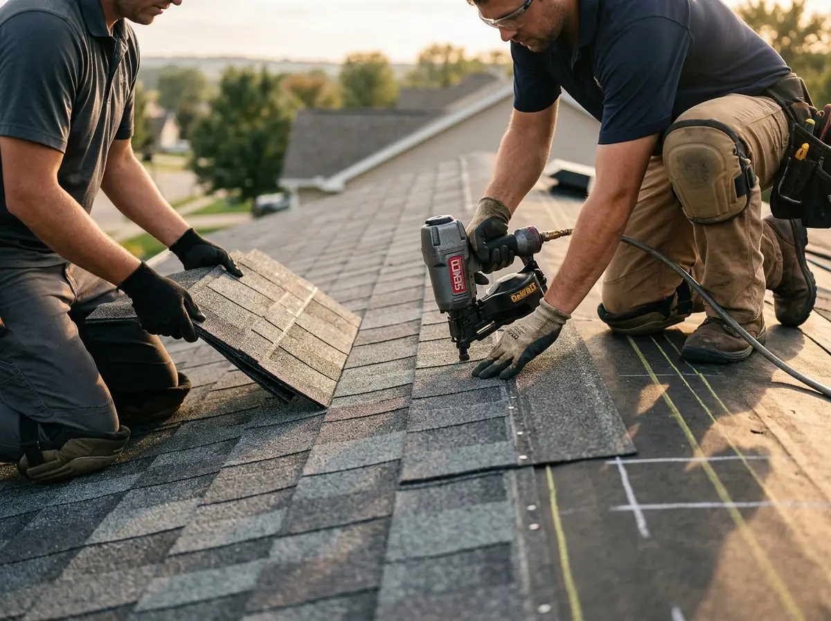 Professional roofer working on a residential roof in Keizer